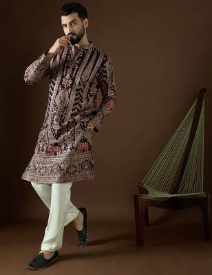 Men’s purple georgette solid embroidered kurta with trouser set | trendy designer ethnic wear for wedding, festive 3