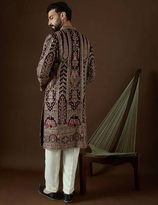 Men’s purple georgette solid embroidered kurta with trouser set | trendy designer ethnic wear for wedding, festive 4