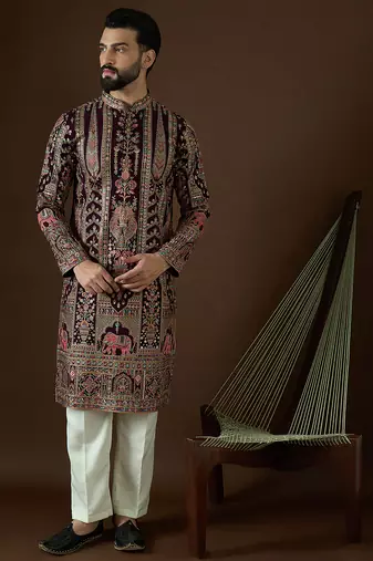 Men’s purple georgette solid embroidered kurta with trouser set | trendy designer ethnic wear for wedding, festive