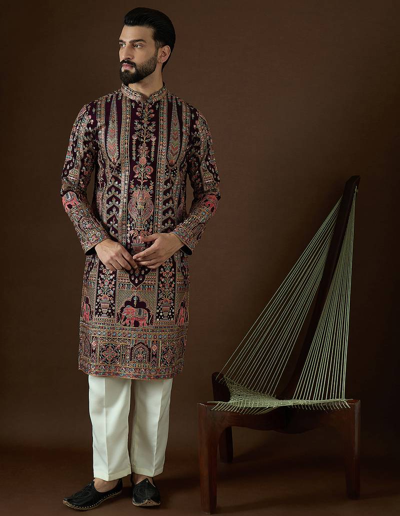 Men’s purple georgette solid embroidered kurta with trouser set | trendy designer ethnic wear for wedding, festive