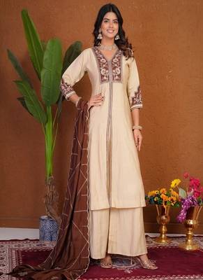 Embroidered raoman silk anarkali kurta with pant & dupatta set for women 1