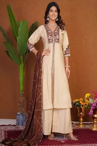 Embroidered raoman silk anarkali kurta with pant & dupatta set for women