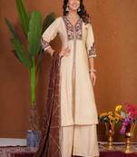 Embroidered raoman silk anarkali kurta with pant & dupatta set for women