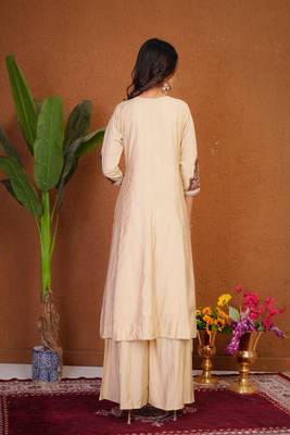 Embroidered raoman silk anarkali kurta with pant & dupatta set for women 2