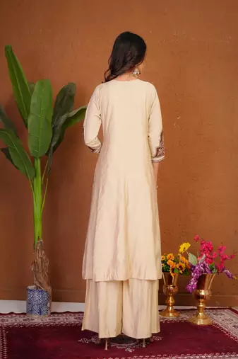 Embroidered raoman silk anarkali kurta with pant & dupatta set for women