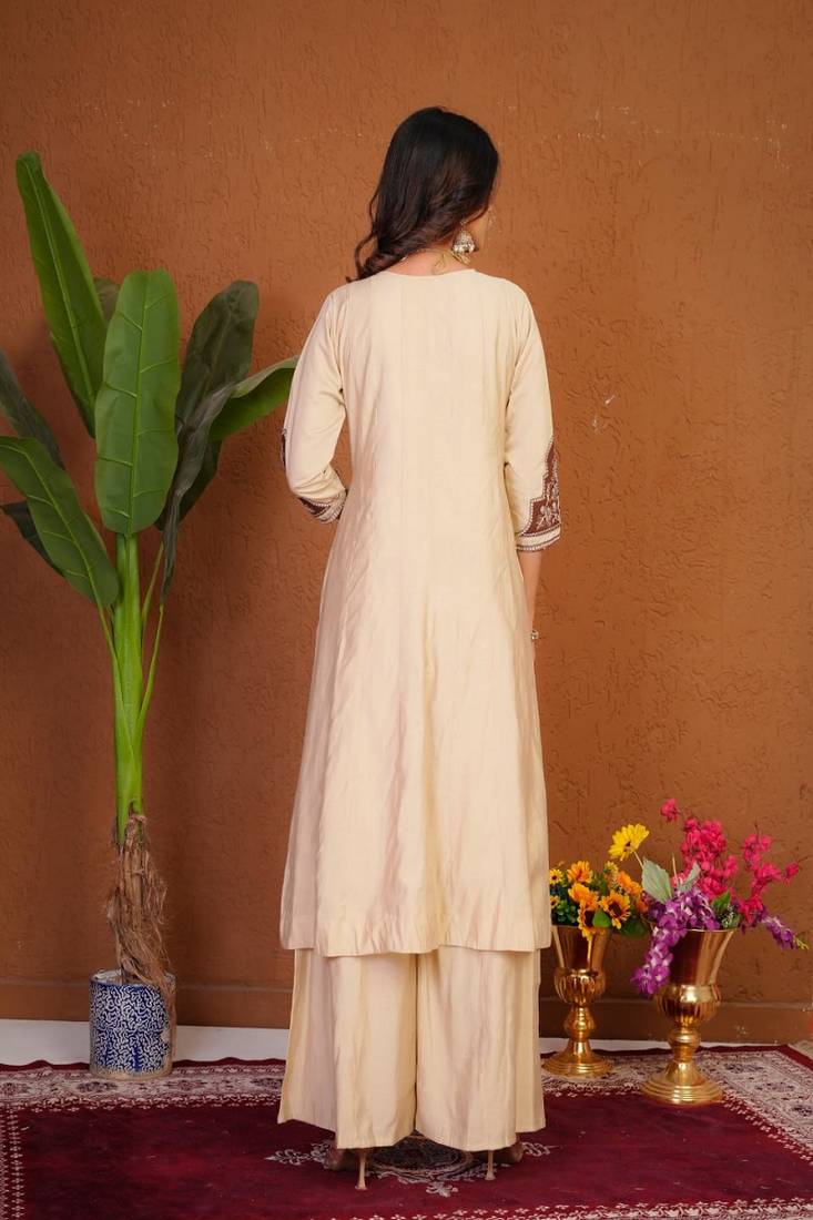Embroidered raoman silk anarkali kurta with pant & dupatta set for women