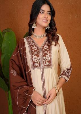 Embroidered raoman silk anarkali kurta with pant & dupatta set for women 3