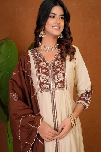 Embroidered raoman silk anarkali kurta with pant & dupatta set for women