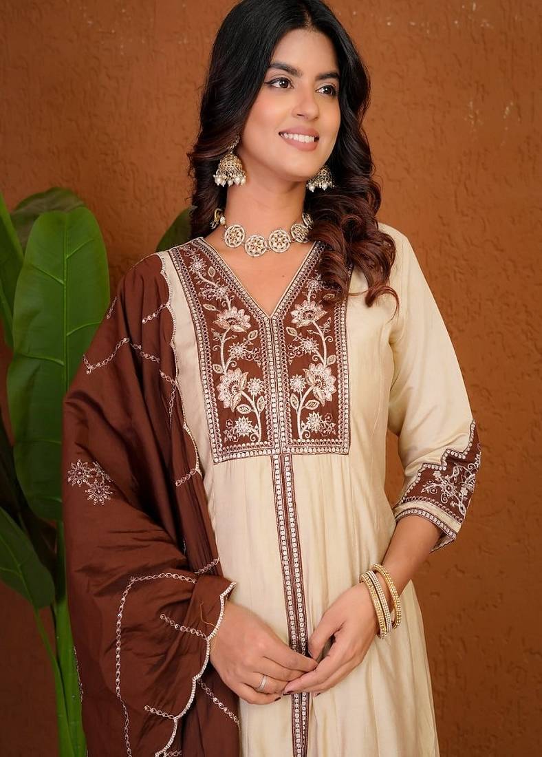Embroidered raoman silk anarkali kurta with pant & dupatta set for women
