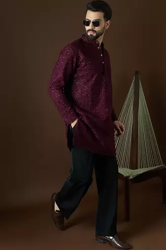 Men’s purple georgette solid embroidered kurta with trouser set | trendy designer ethnic wear for wedding, festive