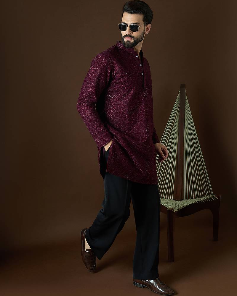 Men’s purple georgette solid embroidered kurta with trouser set | trendy designer ethnic wear for wedding, festive