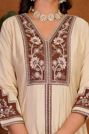 Embroidered raoman silk anarkali kurta with pant & dupatta set for women