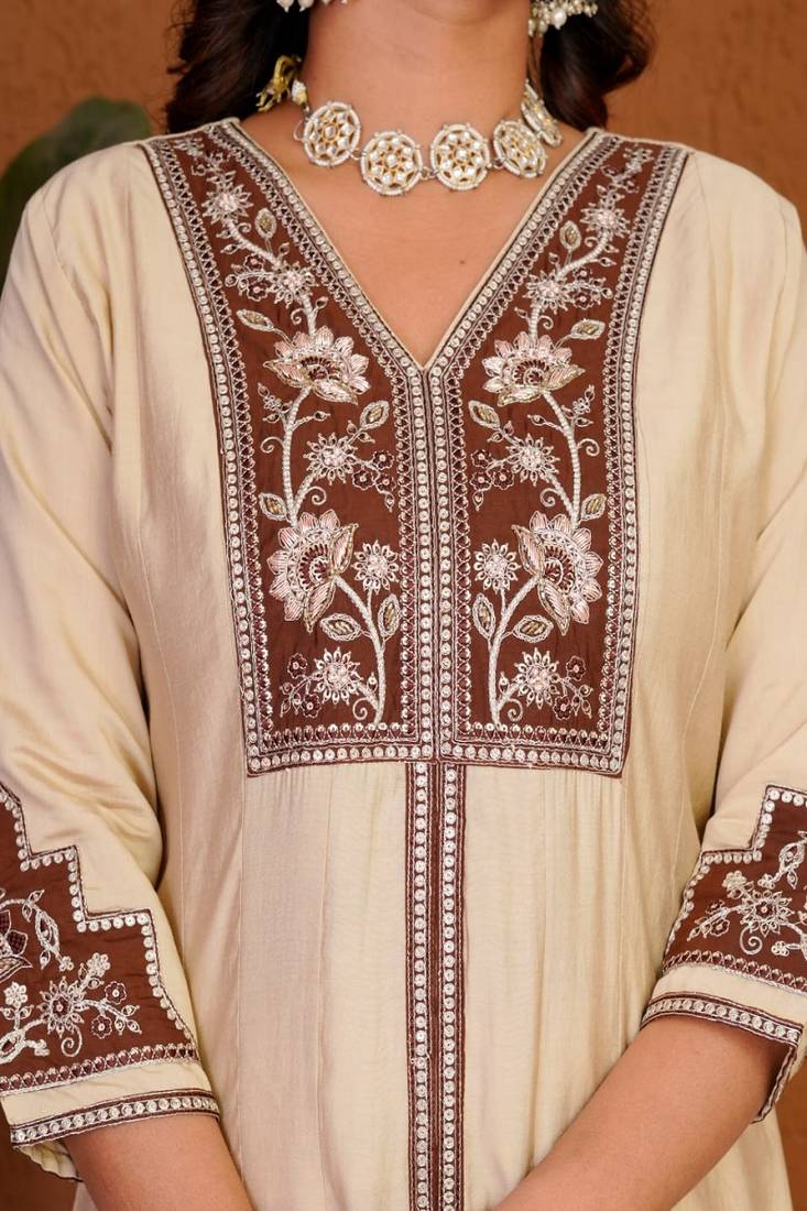 Embroidered raoman silk anarkali kurta with pant & dupatta set for women