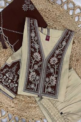 Embroidered raoman silk anarkali kurta with pant & dupatta set for women 5