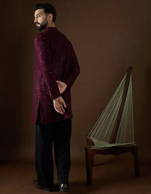 Men’s purple georgette solid embroidered kurta with trouser set | trendy designer ethnic wear for wedding, festive 4