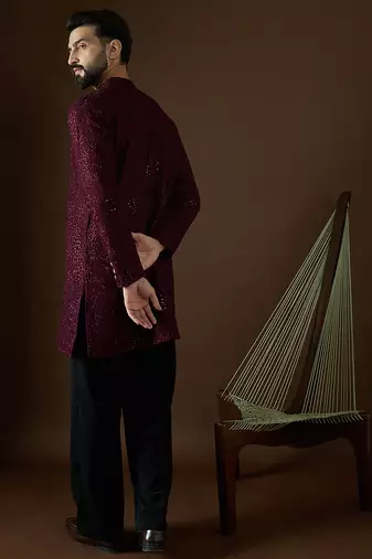 Men’s purple georgette solid embroidered kurta with trouser set | trendy designer ethnic wear for wedding, festive