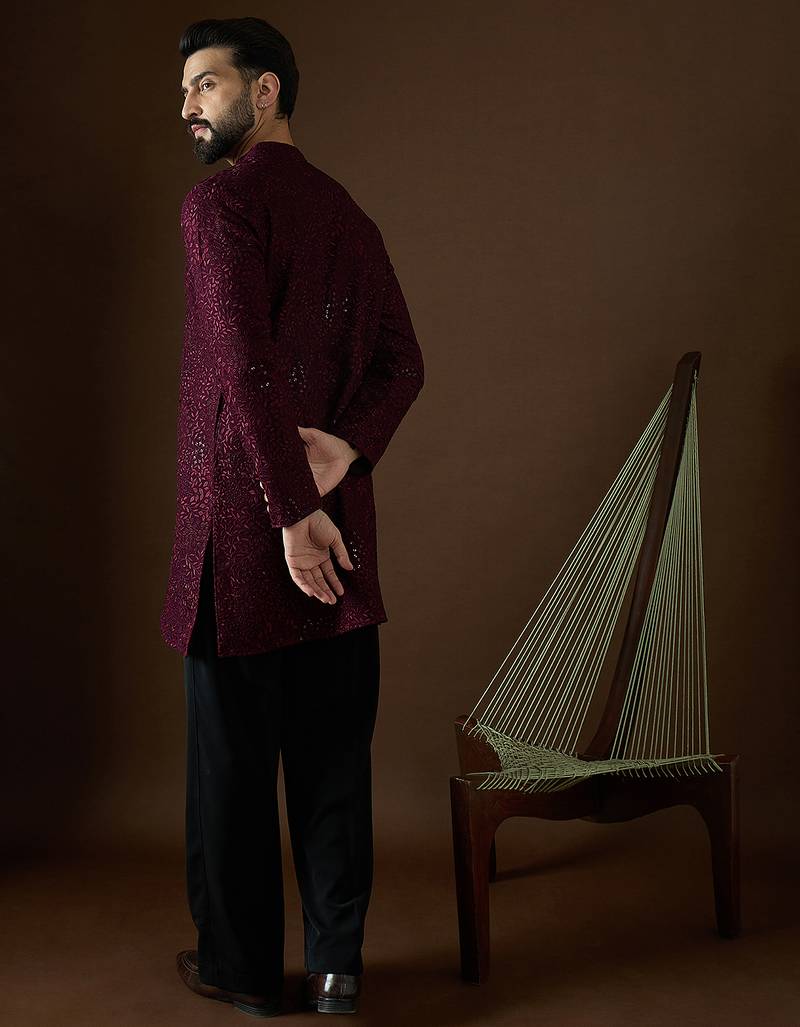Men’s purple georgette solid embroidered kurta with trouser set | trendy designer ethnic wear for wedding, festive