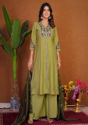 Embroidered raoman silk anarkali kurta with pant & dupatta set for women 1