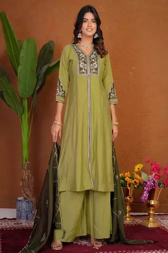 Embroidered raoman silk anarkali kurta with pant & dupatta set for women