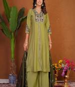Embroidered raoman silk anarkali kurta with pant & dupatta set for women