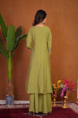 Embroidered raoman silk anarkali kurta with pant & dupatta set for women 2