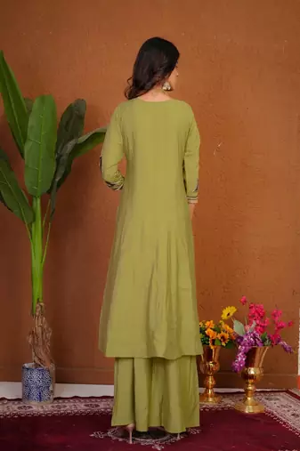 Embroidered raoman silk anarkali kurta with pant & dupatta set for women