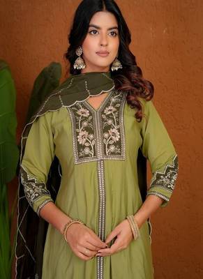 Embroidered raoman silk anarkali kurta with pant & dupatta set for women 3