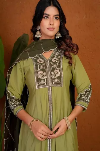 Embroidered raoman silk anarkali kurta with pant & dupatta set for women