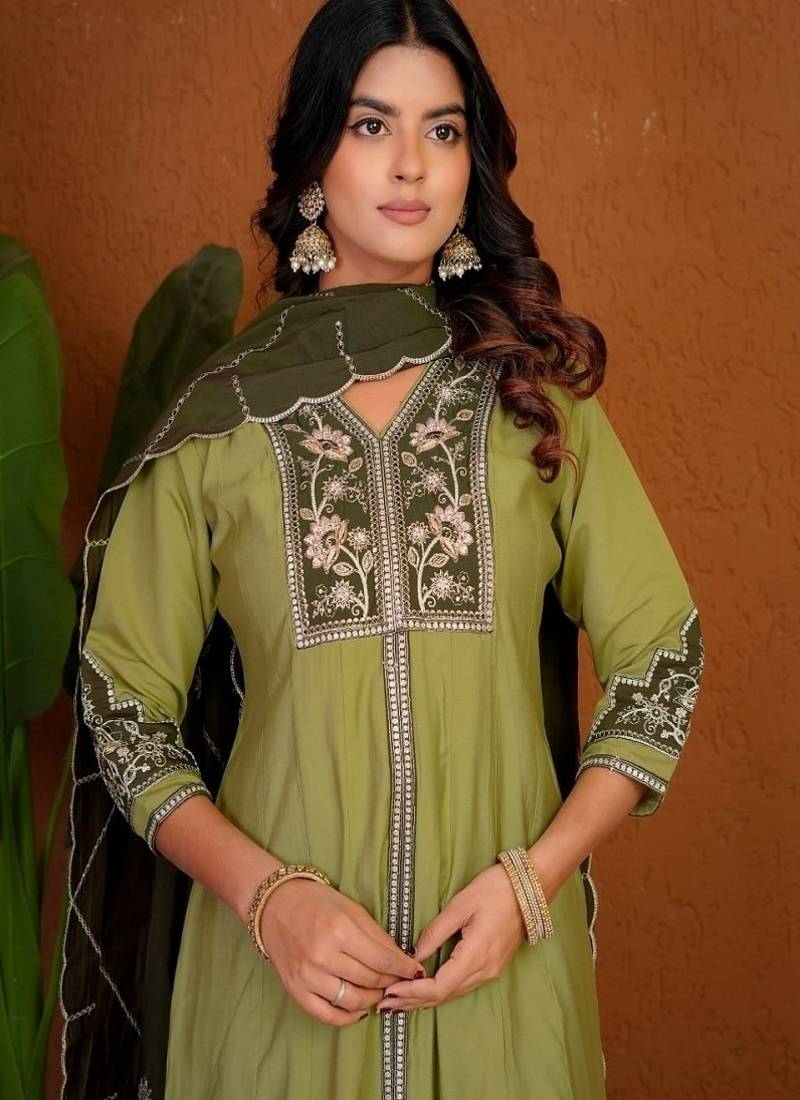 Embroidered raoman silk anarkali kurta with pant & dupatta set for women