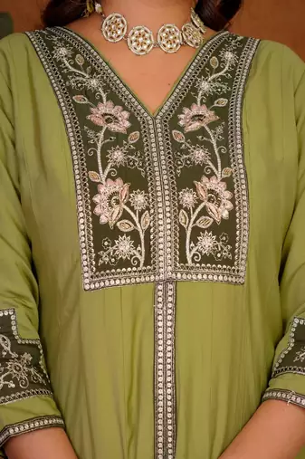 Embroidered raoman silk anarkali kurta with pant & dupatta set for women