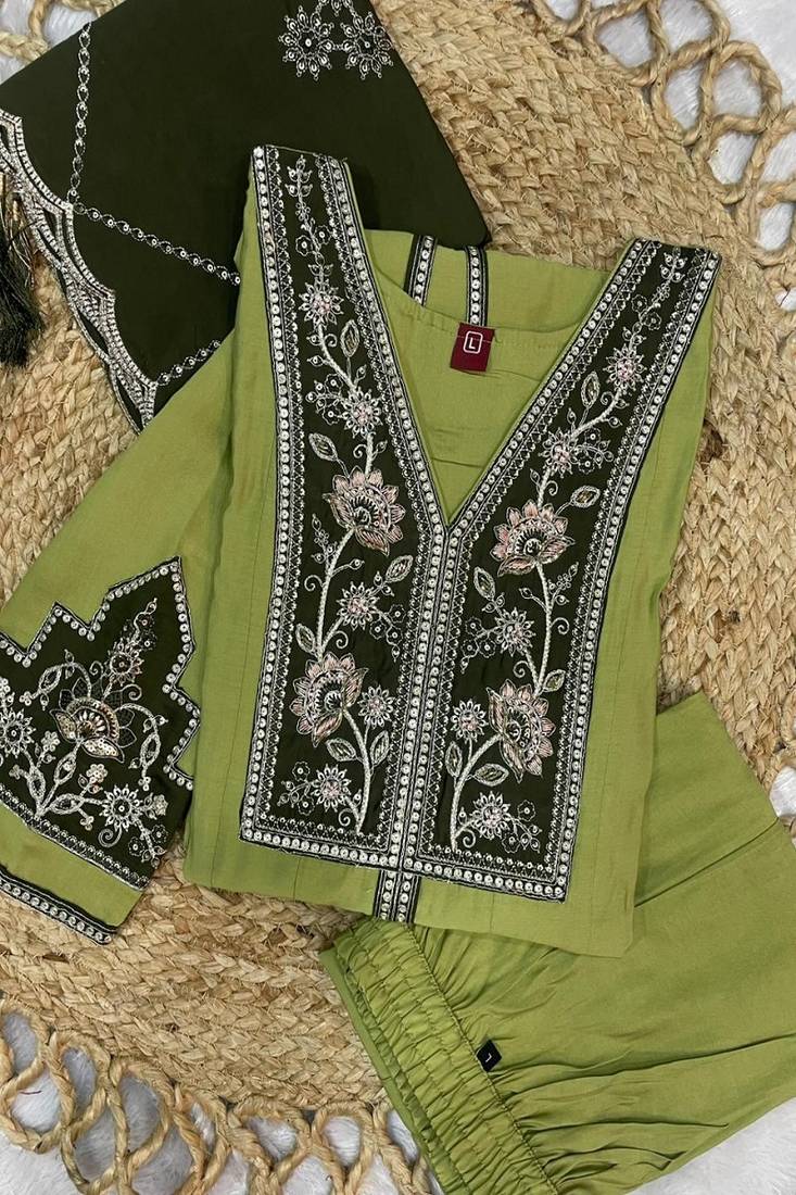 Embroidered raoman silk anarkali kurta with pant & dupatta set for women