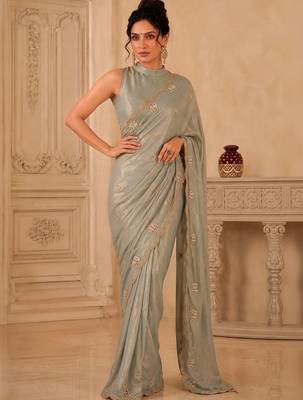 Sea green ethnic motifs beads and stones satin designer saree 1