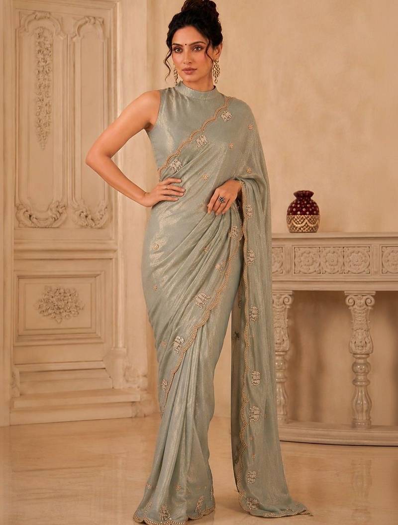 Sea green ethnic motifs beads and stones satin designer saree
