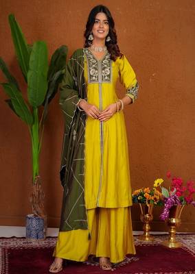 Embroidered raoman silk anarkali kurta with pant & dupatta set for women 1