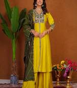 Embroidered raoman silk anarkali kurta with pant & dupatta set for women