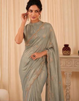 Sea green ethnic motifs beads and stones satin designer saree 3