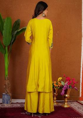 Embroidered raoman silk anarkali kurta with pant & dupatta set for women 2