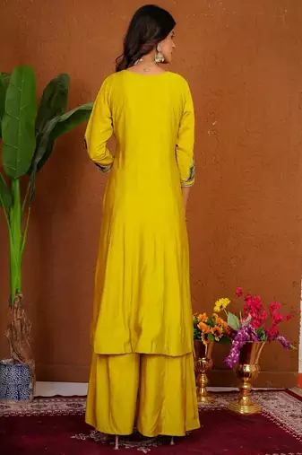 Embroidered raoman silk anarkali kurta with pant & dupatta set for women