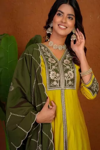 Embroidered raoman silk anarkali kurta with pant & dupatta set for women
