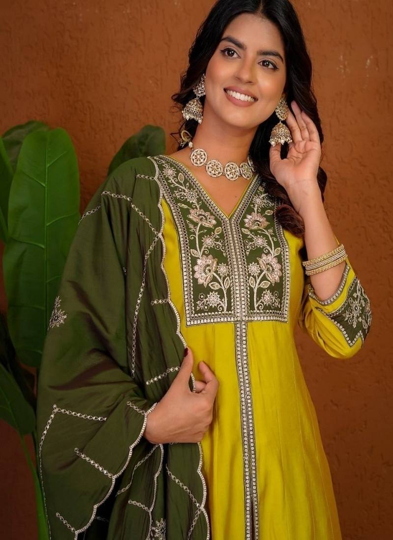 Embroidered raoman silk anarkali kurta with pant & dupatta set for women