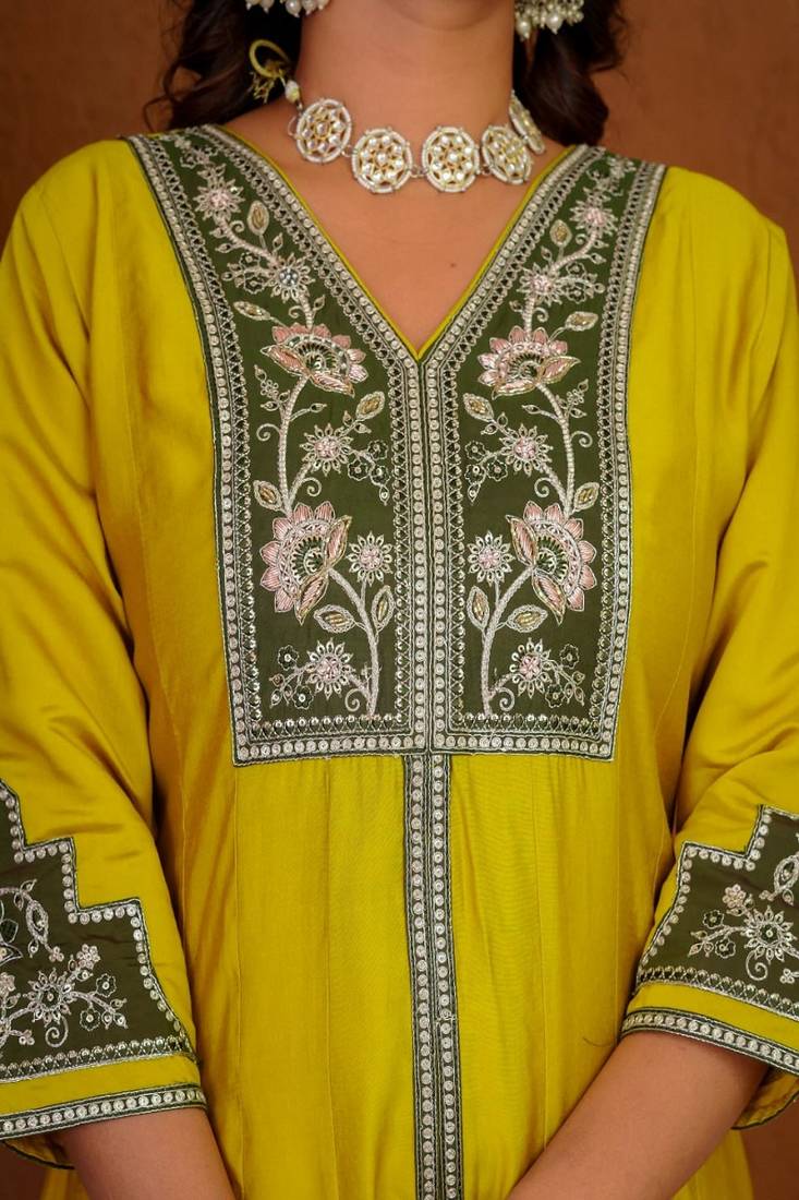 Embroidered raoman silk anarkali kurta with pant & dupatta set for women