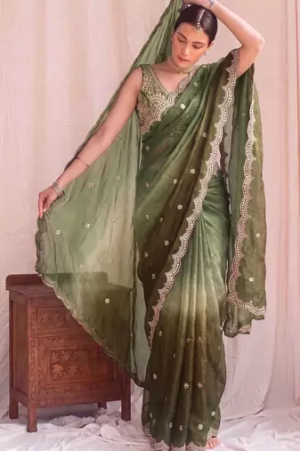 Green ombre embroidered tissue designer saree