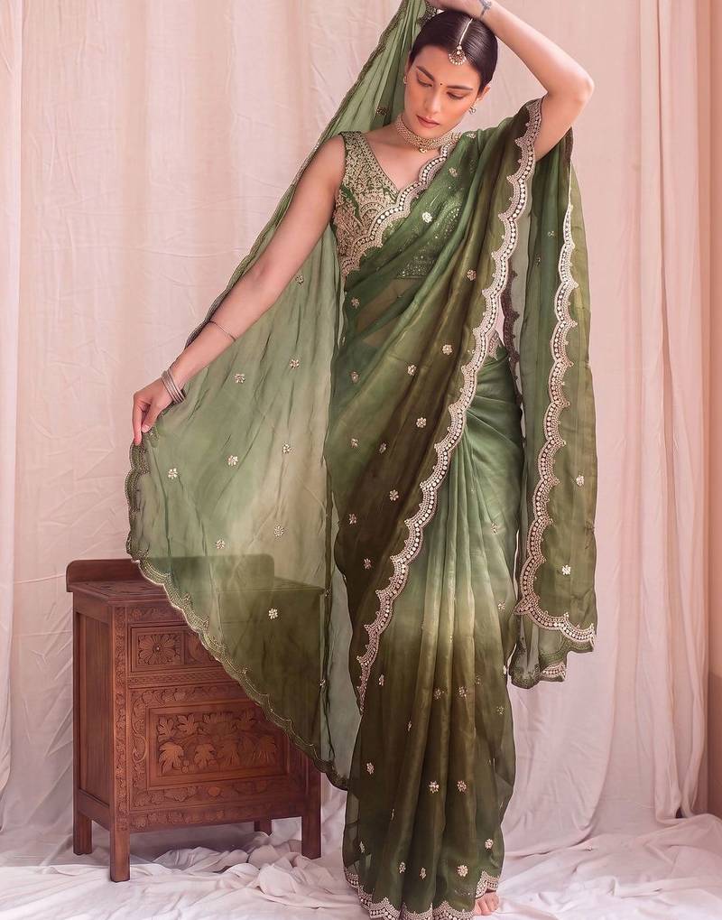 Green ombre embroidered tissue designer saree