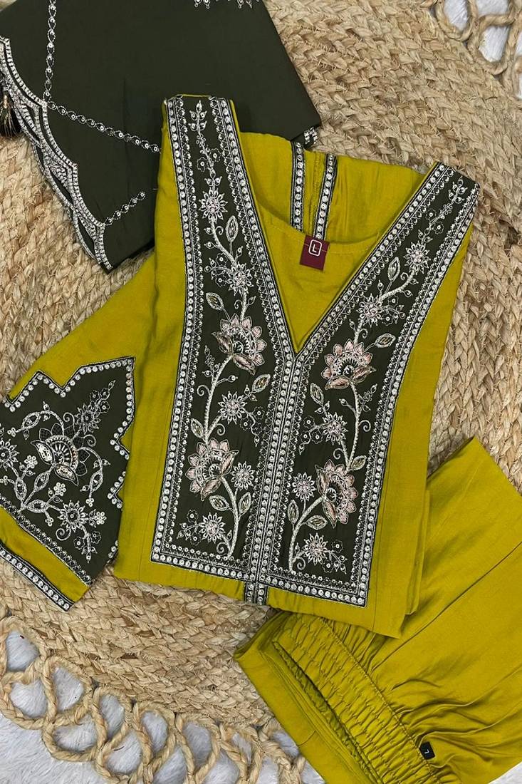 Embroidered raoman silk anarkali kurta with pant & dupatta set for women