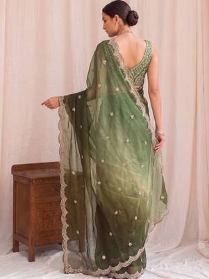 Green ombre embroidered tissue designer saree 2