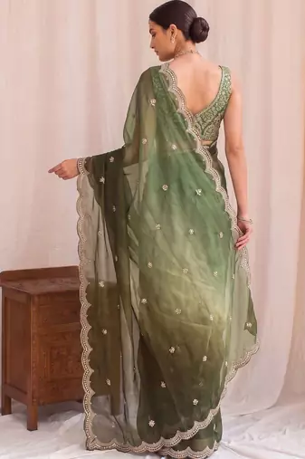 Green ombre embroidered tissue designer saree