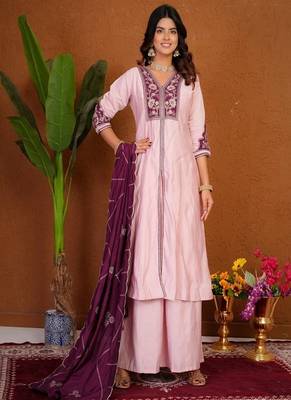 Embroidered raoman silk anarkali kurta with pant & dupatta set for women 1