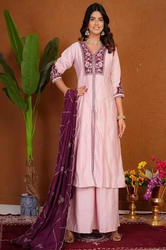 Embroidered raoman silk anarkali kurta with pant & dupatta set for women