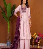 Embroidered raoman silk anarkali kurta with pant & dupatta set for women