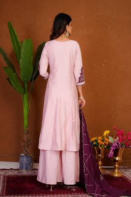 Embroidered raoman silk anarkali kurta with pant & dupatta set for women 2